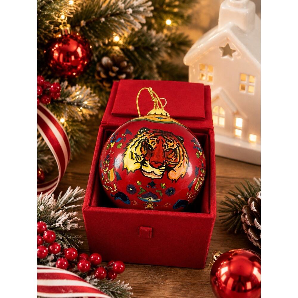 World Market Life of Pi Tiger Glass Christmas Ornament Red 3” w/ Box